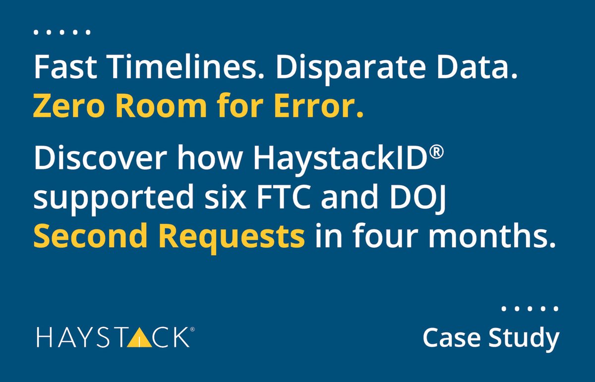 HaystackID's tweet photo. ⏱️ When #Antitrust regulators issue a Second Request, the clock starts immediately.

Learn how @HaystackID met the demands of six separate, comprehensive FTC and DOJ Second Requests: https://t.co/i8pK3pQMb4

#SecondRequests #eDiscovery #LegalTech https://t.co/Cyu0UBPXkN