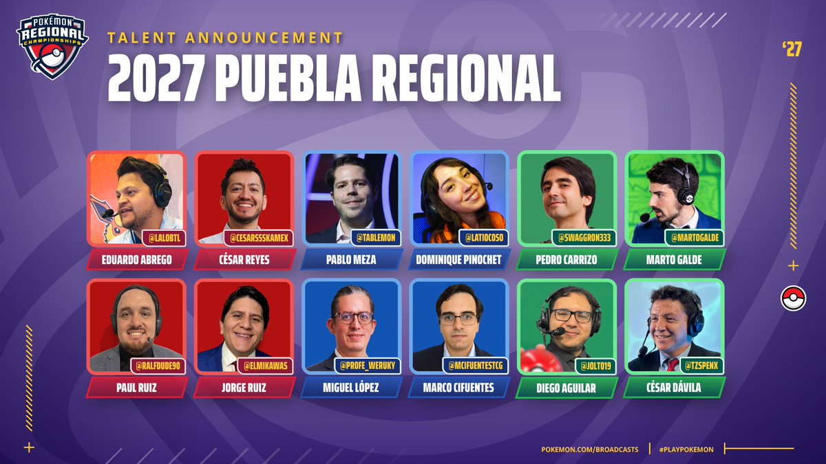 playpokemon's tweet photo. Our first official broadcast for LATAM Regionals kicks off this weekend! 

Watch the 2027 Puebla Regional Championships alongside our incredible lineup of talent this 10/24-10/25 ✨ https://t.co/Gq3L7NM89d