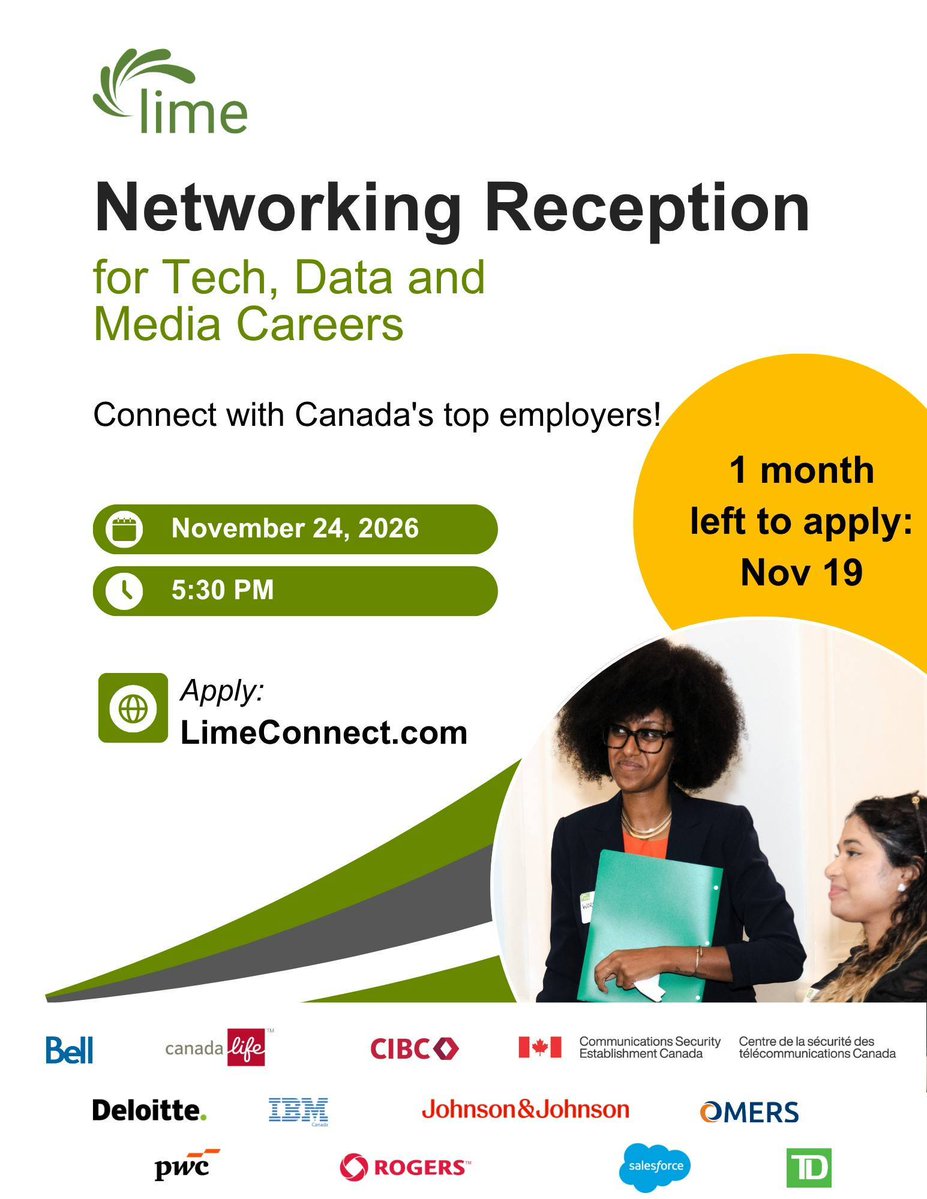 limeconnect's tweet photo. Every fast-moving field has a human connection. Join us for a Networking Reception for Tech, Data and Media Careers on November 24 at 5:30 PM. Build a personal connection and learn where your skills could lead next.

One month left to apply at https://t.co/DqgpoaZYj7! https://t.co/UfQclaLMty