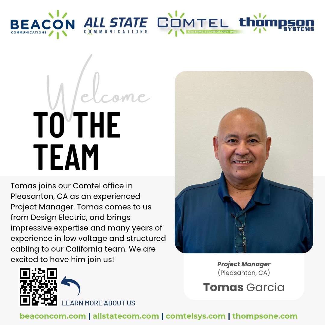BeaconCommLLC's tweet photo. Welcome to the Team 🌟 Tomas Garcia, our new Project Manager supporting our Pleasanton, CA office! https://t.co/76nQJZXxOI