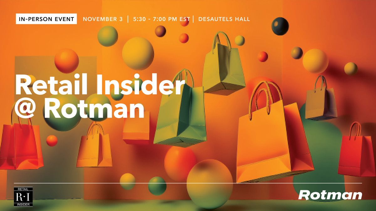 RotmanEvents's tweet photo. In-Person Event | Tuesday, Nov. 3 | 5:30–6:30 PM | What’s next for Canadian retail? Hear from leaders at SMYTHE, Roots, Harry Rosen and Absolutely Fabrics on the future of retail. Register: https://t.co/Z48iAdDApZ

Event Co-Host: Retail Insider https://t.co/HVNkMD6xxM