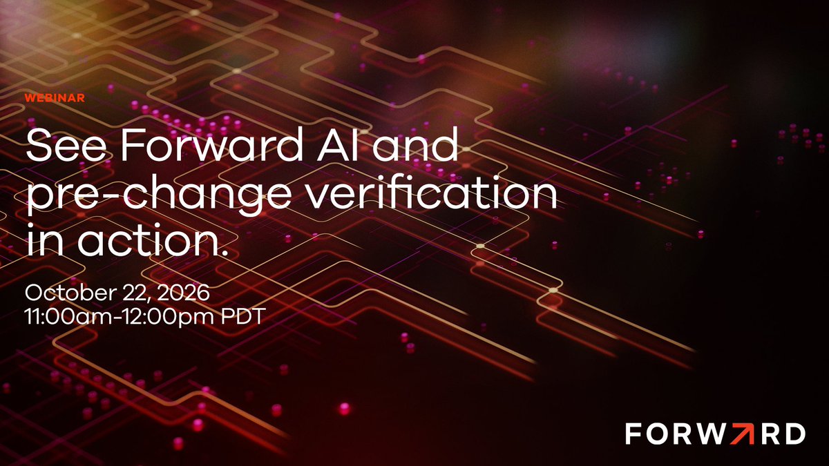 forwardnetworks's tweet photo. Tomorrow: See #ForwardPredict live. Test any change against your network’s digital twin before it reaches production, whether an engineer wrote it or an AI agent proposed it. Register: https://t.co/z8qbw98OiF
Bring your questions for @mikelossmann, Max Cascino, &amp; @elyor_khakimov. https://t.co/DMMqJI8C7u