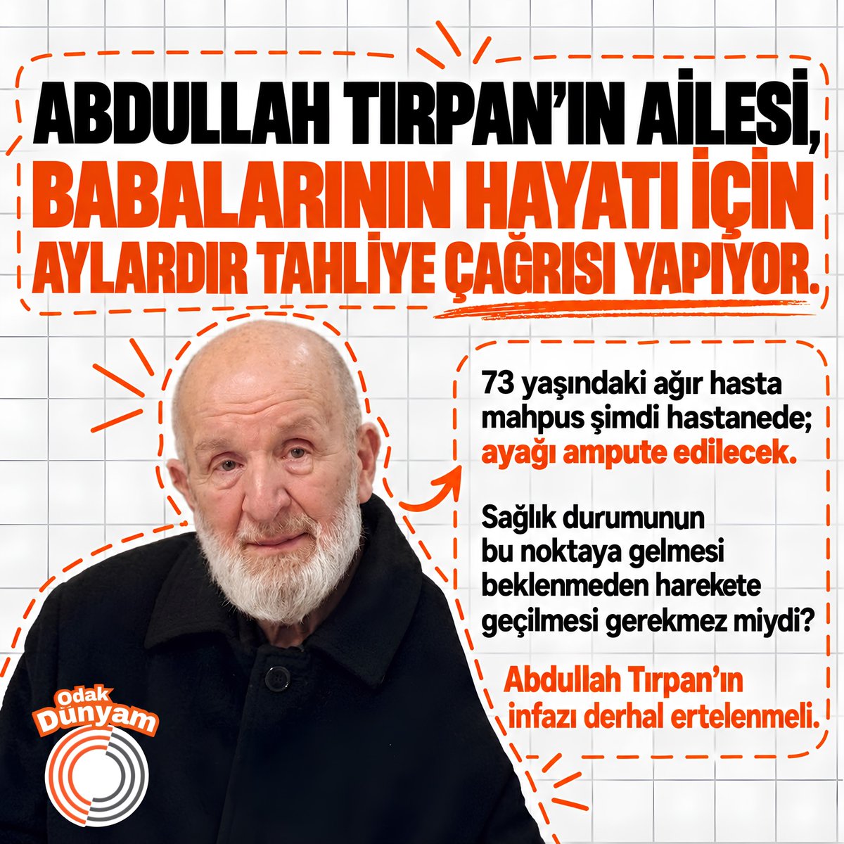 kybdlnhayatlar's tweet photo. 73 yaşındaki Abdullah Tırpan’ın ayağı kesilecek. 

Ağır hastalıklarına rağmen tahliye edilmedi. Bir insanın sağlığı bu noktaya gelmeden harekete geçmek için daha ne olması gerekiyordu? @adalet_bakanlik 

AbdullahDede İçinYaz https://t.co/9FM17gtRzz
