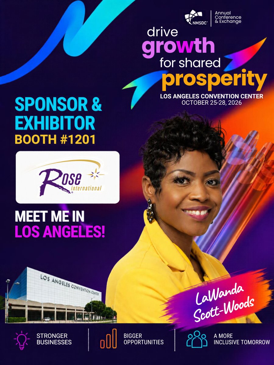 RoseInt's tweet photo. Meet us at the NMSDC Conference! LaWanda Scott-Woods, Associate Director of Sustainability and Social Impact at Rose International, is representing us in Los Angeles on October 25–28. Stop by booth 1201 to connect with LaWanda and learn more about how we’re making an impact!

#RoseInt #PeopleMakingItHappen #NMSDC #NMSDCConf2026

📷: Canva Pro, Shutterstock