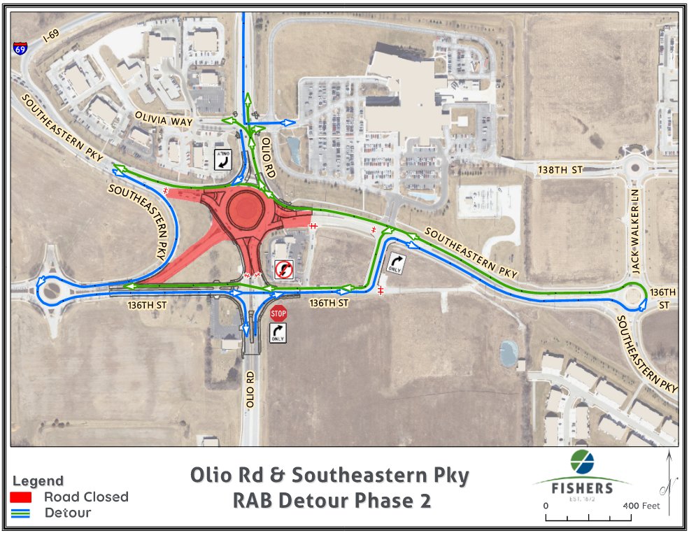 DriveFishers's tweet photo. 🚧 TRAFFIC ALERT: Major Changes Coming to Olio Road & Southeastern Parkway

Phase 2 of the roundabout reconstruction project is expected to begin Monday, October 26, and continue through the end of the year.

During this phase, the roundabout connections used to travel north and south on Olio Road will close.

➡️ Southbound Olio: Traffic approaching from the north will be directed west onto Campus Parkway/146th Street.

⬆️ Northbound Olio: Drivers will detour using 136th Street and the new connection to Southeastern Parkway.

➡️ Eastbound traffic: Drivers will use the bypass lane toward IU Health Fishers to reach the roundabout at 136th Street.

⬅️ Westbound traffic: One lane through the roundabout will remain open toward Campus Parkway/146th Street and northbound Olio Road. Drivers continuing south will use the new connector road east of the roundabout.

Nearby businesses, hospitals and medical offices will remain open and accessible. Expect changing traffic patterns and significant delays, especially during peak hours.

🗺️ Review the Phase 2 detour map and visit the Drive Fishers Weekly Updates page for complete project information and the latest construction updates:
https://t.co/3jxmHutKVC