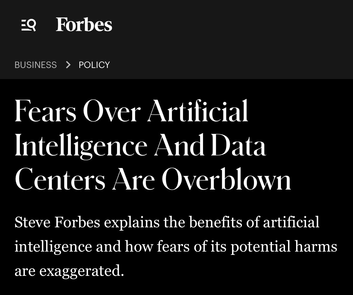 WarMachineRR's tweet photo. .@SteveForbesCEO says AI and data center fears are overblown, warns against smothering American innovation:

“The real danger comes from imposing suffocating obstacles to AI’s realizing its full potential.” https://t.co/8zGSOfKtr1