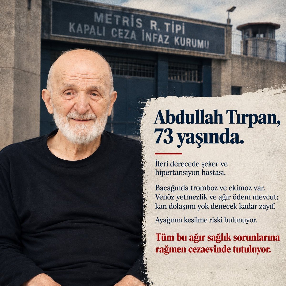 KadnlarBirlikte's tweet photo. Abdullah Tırpan'ın kızı Esra Tırpan:

"Babam Abdullah Tırpan şu an hastanede ayağı ampüte edilecek.
Babamın ameliyatının sağlık durumuna uygun koşullarda yürütülmesini ve ameliyatan sonra yeniden cezaevine gönderilmemesini istiyoruz."

@aydinsule1
AbdullahDede İçinYaz https://t.co/ugjBlpag8U