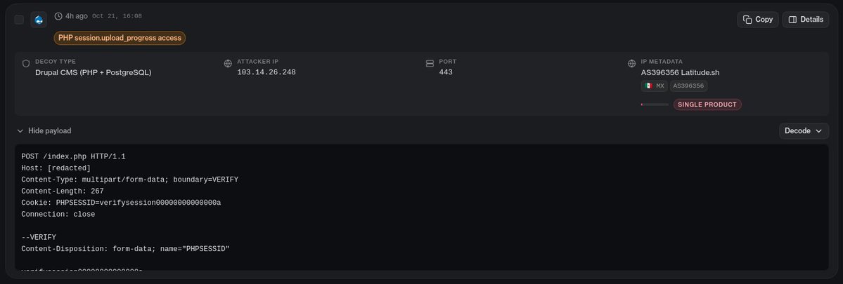 DefusedCyber's tweet photo. ⚠️php2shell (CVE-2026-109618 and CVE-2026-109619) - we have so far not seen major exploit activity around either vulnerability. 

Exploit attempts seem to be limited to public POCs released in the past 24 hours, which based on our testing have predominantly been inoperative. 

Track php2shell exploitation on Defused 👉 https://t.co/iRDhHlDkep