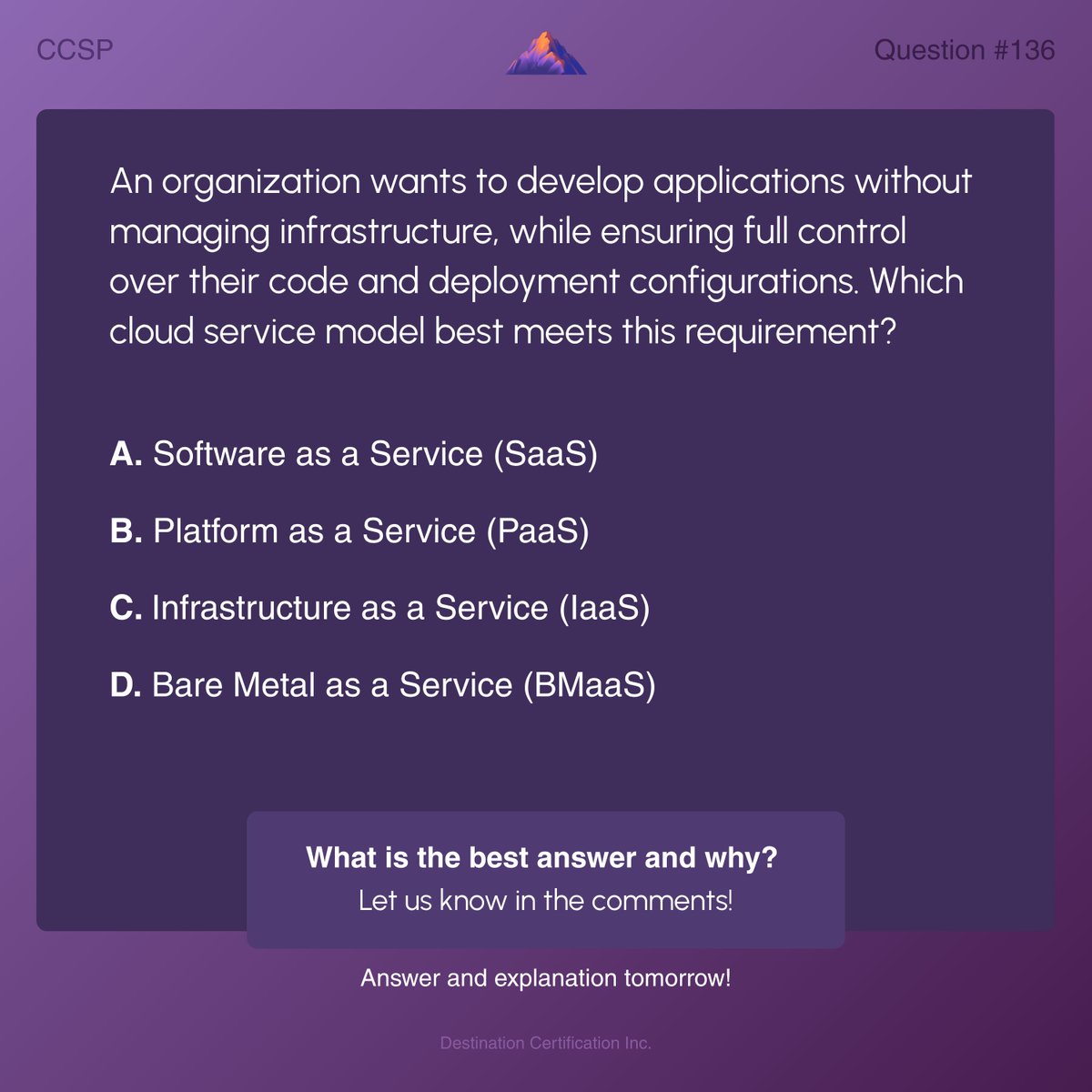 destcert's tweet photo. #CCSP Question #136

Analyze the information and question at hand, then let us know your answer in the comments.

We'll post the answer tomorrow with a full explanation. Follow us to see it!

Thousands more FREE questions are available in our app: https://t.co/sYxyYXN1Qr https://t.co/tUfUKxxWmE