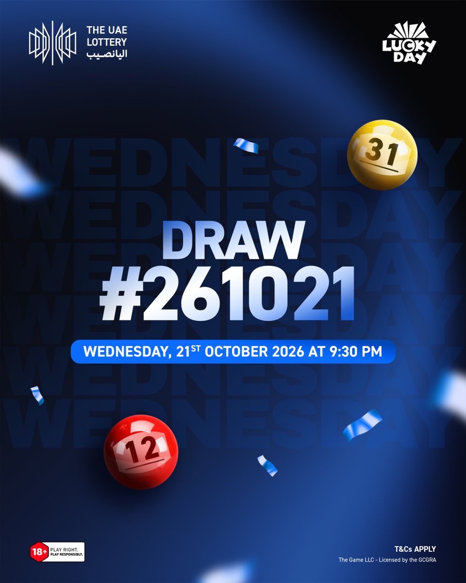 theuaelottery's tweet photo. Congratulations to all the winners of today’s Lucky Day Draw #261021! 🎉

Check your tickets now and see the winning numbers on our website.

Save the date – the next draw is on Saturday, October 24, 2026!
#TheUAELottery #LuckyDay #DareToImagine https://t.co/9HQ47k59Kv
