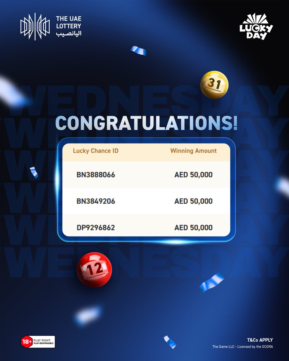 theuaelottery's tweet photo. Congratulations to all the winners of today’s Lucky Day Draw #261021! 🎉

Check your tickets now and see the winning numbers on our website.

Save the date – the next draw is on Saturday, October 24, 2026!
#TheUAELottery #LuckyDay #DareToImagine https://t.co/9HQ47k59Kv