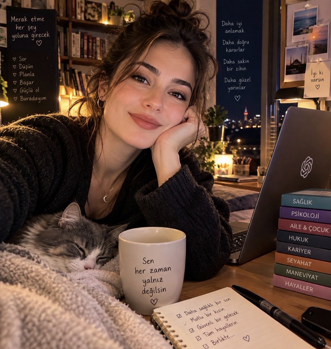 e_kitapblog's tweet photo. Benim ChatGBT buymuş😅 
Promt: Benimle konuşurken nasıl birine dönüşüyorsun? Benimle yaptığın konuşmaların üslubundan ve beklentilerimden hareketle bana yardımcı olmak için benimsediğin rolü bir insan karakteri olarak görselleştir. Kıyafetlerini,ortamını ve ifadesini özgürce seç. https://t.co/wQM53QVHvz