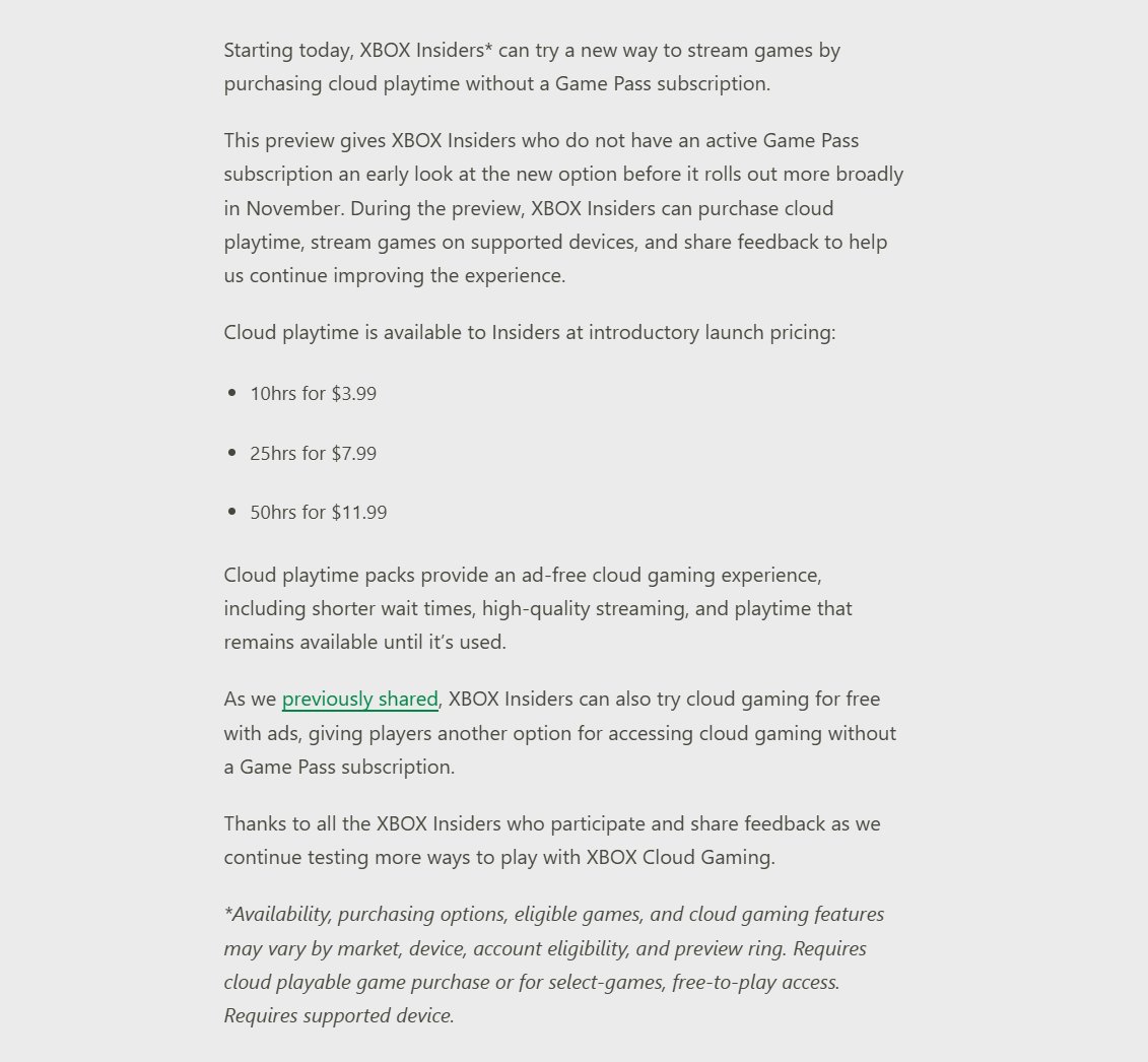 Wario64's tweet photo. Xbox Cloud Gaming introductory launch pricing revealed:

-10hrs for $3.99
-25hrs for $7.99
-50hrs for $11.99

https://t.co/VAJxpbnQbS https://t.co/D5SnHMQ2OG