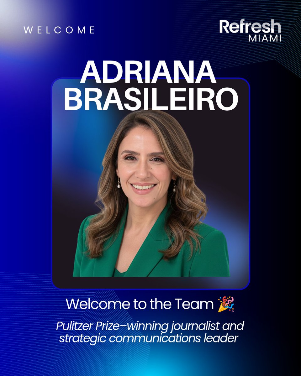 refreshmiami's tweet photo. Excited to welcome Adriana Brasileiro to the Refresh Miami News team as a contributing writer! 🎉

Adriana brings an incredible depth of journalism experience to our newsroom, having reported for some of the world's most respected news organizations, including Bloomberg, Reuters, The Wall Street Journal, and the Miami Herald.

She's also a Pulitzer Prize-winning journalist, having been part of the Miami Herald team recognized for its coverage of the Surfside condominium collapse in 2021.

Most recently, Adriana was at Meta, where she led global communications intelligence and reputation strategy across 33 markets.

We're thrilled to have someone with her experience and perspective helping us tell the stories of the founders, companies, and people shaping Miami's tech ecosystem.

Please join us in giving Adriana a warm welcome! ❤️
