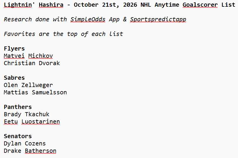 lightninhashira's tweet photo. October 21st, 2026 NHL ATG Cheatsheet 🏒

Resources: @HomeRunPredict @SimpleOddsApp   

Make sure to play these guys for SOG/Points/Assist as well, not just goals.

Best of luck today. If the sheets help you and you want to tip the link is: https://t.co/g7xbUfkeg8   

Thank you,
⚡️