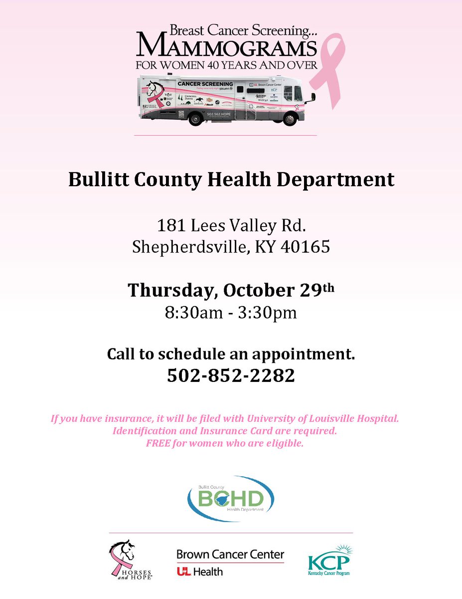 KyCancerProgram's tweet photo. Two more opportunities to schedule a mammogram screening in October.

Call 502-852-2282 to schedule an appointment.

Share with family, friends, and organizations. https://t.co/QBrBBjTRzF