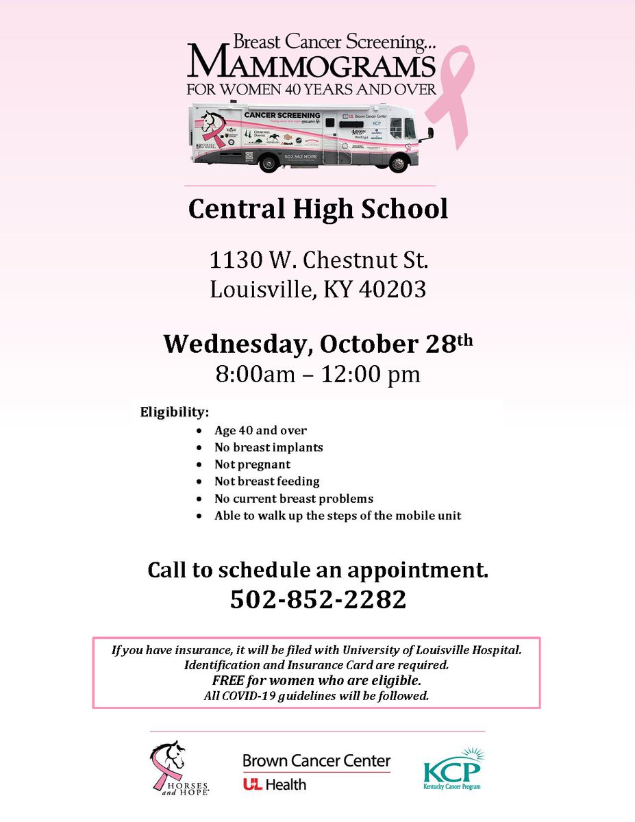 KyCancerProgram's tweet photo. Two more opportunities to schedule a mammogram screening in October.

Call 502-852-2282 to schedule an appointment.

Share with family, friends, and organizations. https://t.co/QBrBBjTRzF