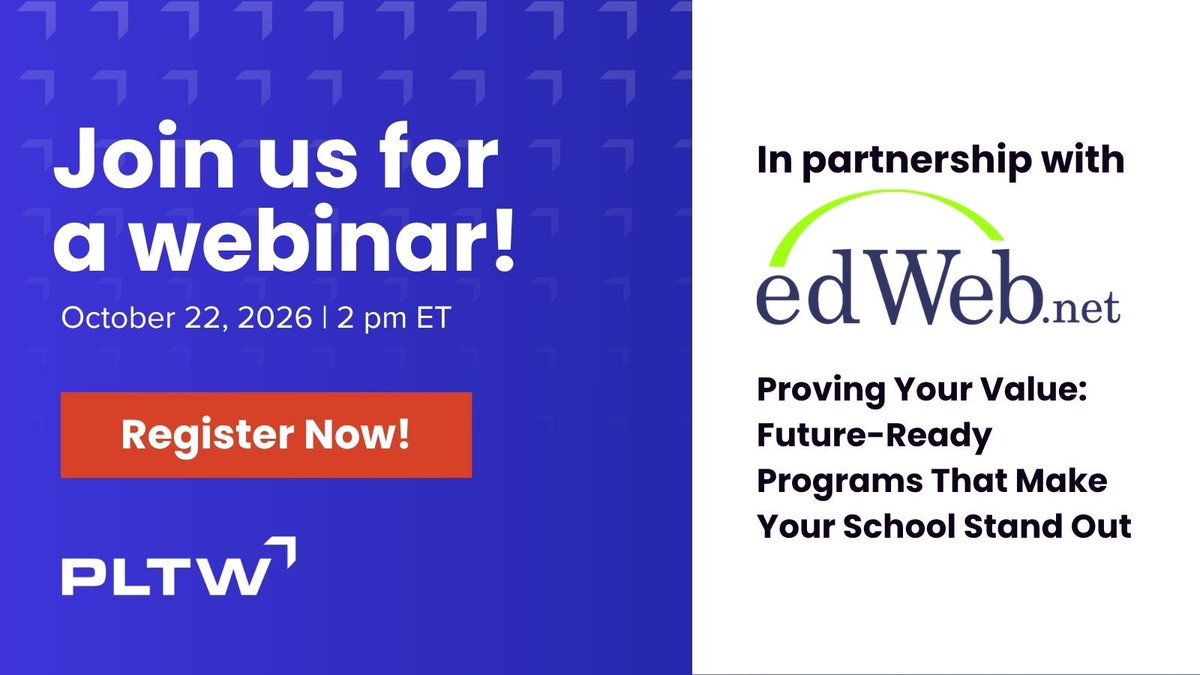 PLTWorg's tweet photo. 🚨 UPCOMING WEBINAR ALERT 🚨

📅 Date: October 22, 2026, 2pm ET
➡️ Title: Proving Your Value: Future-Ready Programs That Make Your School Stand Out

Explore how schools can demonstrate their value through interactive STEM and CTE experiences that connect academic rigor to real-world relevance, in-demand skills, and clear pathways to future education and careers.

👥 Panelists:
- Jan Jardine, APEX Grant Coordinator, Aspen Peaks School District.
- Yoelia Nava, Administrator for Adult Education & Literacy Development
- Gideon Sanders, Adjunct Instructor, Grand Rapids Community College.
- Martha McCabe, Senior Vice President of Community Partnerships, Project Lead The Way

Learn more and register at the link below:
https://t.co/AWSKxp63Dw