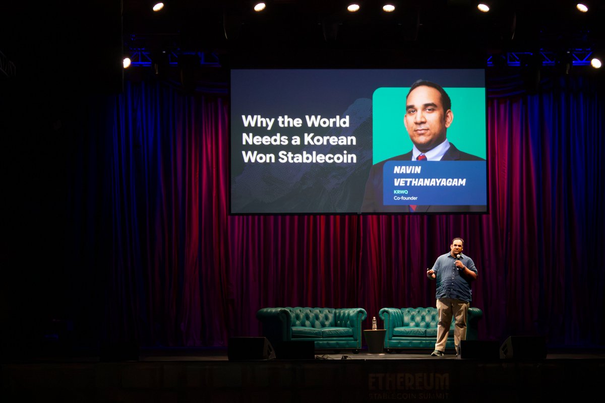 ethconf's tweet photo. Korean Won liquidity is concentrated on centralized exchanges. What would it take to bring it into DeFi?

@KrwqCash co-founder @NavV96 made the case for a won stablecoin and 24/7 onchain FX during Ethereum Stablecoin Summit at @money2020. https://t.co/pvXUZKBxp6