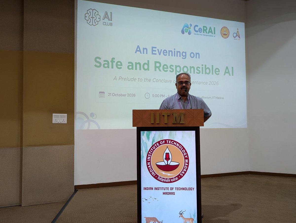 cerai_iitm's tweet photo. Ahead of the Industry Conclave on AI Governance 2026, An Evening on Safe and Responsible AI brought together students, researchers and experts for discussions on AI incidents, responsible AI principles, and the role of AI in education and research. https://t.co/6wF0FRlexD