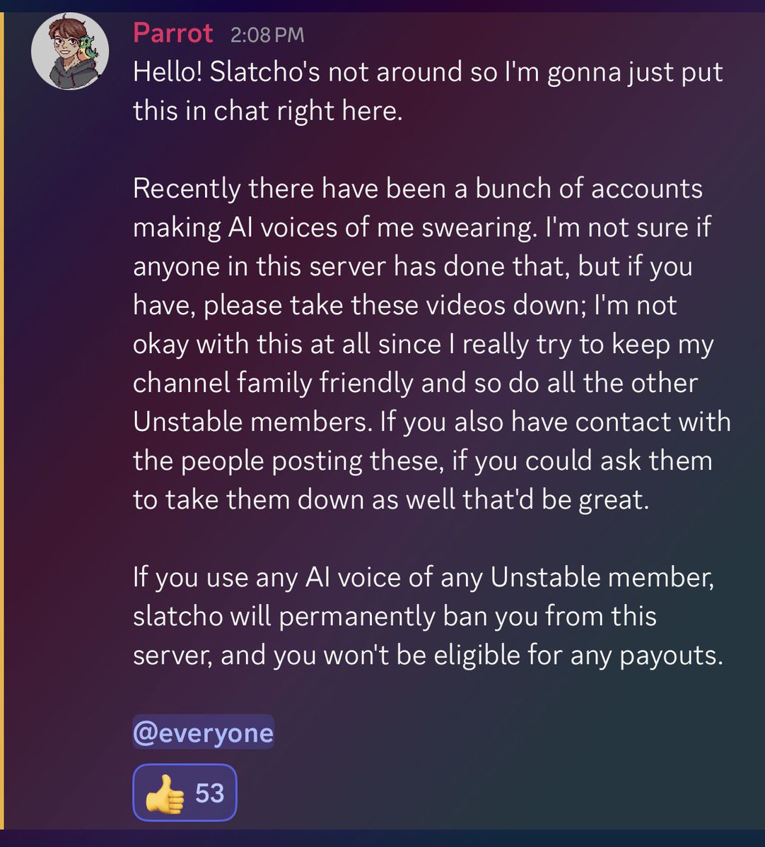 soliloquirk's tweet photo. parrot’s post in the unstable creator hub! ALL unstable members are uncomfortable with AI being used. https://t.co/NNNtJzTM1Z