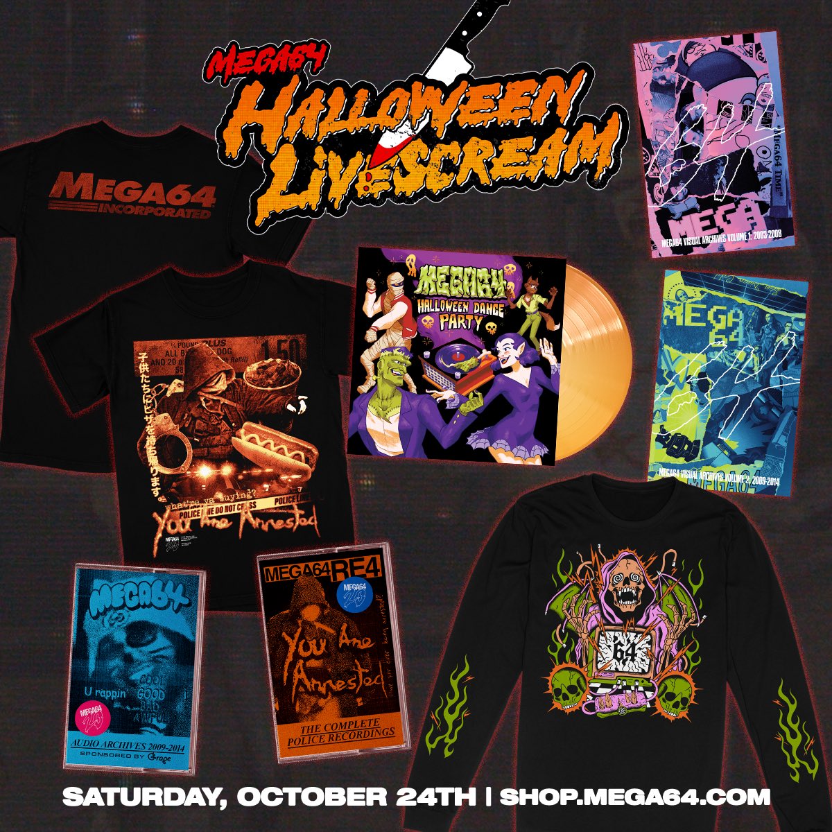 mega64's tweet photo. Many ghouls have been asking if there’s going to be a Halloween merch drop this weekend… why would we disappoint?? We got a collection celebrating our RE4 video 20th anniversary, a new long sleeve shirt, extremely rare cassette tapes, books & more! All in stock Saturday 10/24 at Noon PT!