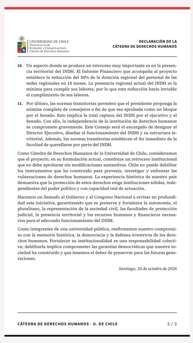 cnashr's tweet photo. Declaración de la Cátedra de Derechos Humanos de la @VEXCOM_Uchile sobre el proyecto de ley que modifica actual ley del INDH https://t.co/aqqp0mpjMB