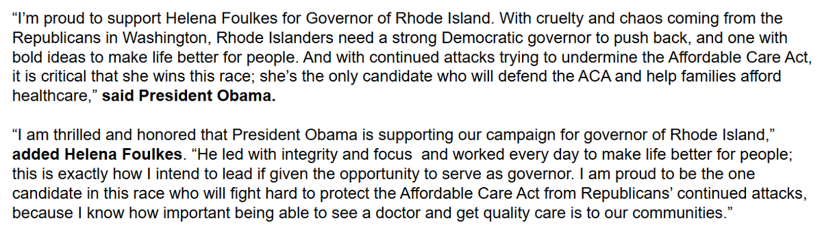 FitzProv's tweet photo. Former President @BarackObama backs Democrat @HelenaBFoulkes for RI governor, saying, "With continued attacks trying to undermine the Affordable Care Act, it is critical that she wins this race; she’s the only candidate who will defend the ACA and help families afford healthcare" https://t.co/VzNmJ8b1Gg
