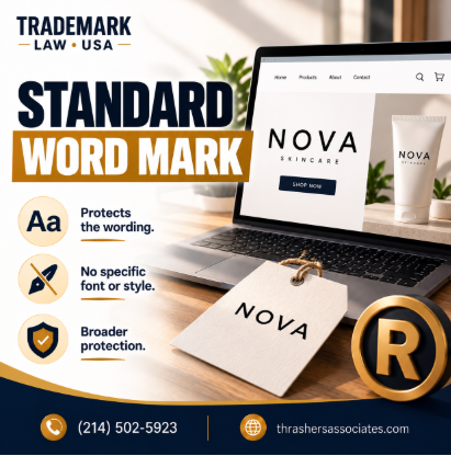 TMLawUSA's tweet photo. What Does a Standard Word Mark Protect?

A standard word mark protects the wording itself, regardless of font or style. It can offer broader flexibility, but marks in crowded fields may face closer scrutiny. https://t.co/468pGVG0xz