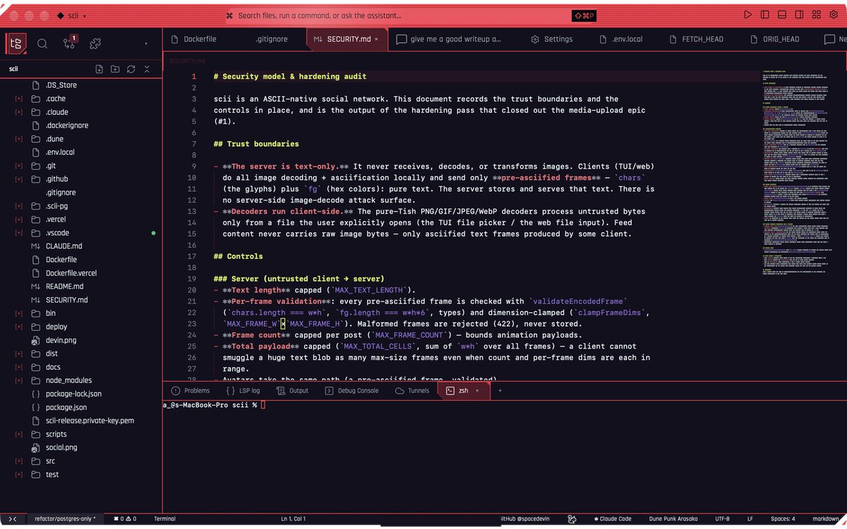 spacedevin's tweet photo. I made a Cyberpunk 2077 theme 🌆

Dune Punk: 5 neon variants (Daemon, Netrunner, Arasaka, Samurai, Edgerunner) plus a matching icon theme.

Works in VS Code, Cursor and any Open VSX editor. In Dune it also restyles the whole app.

Which variant are you running? 👇 https://t.co/ExtuNDHzh4