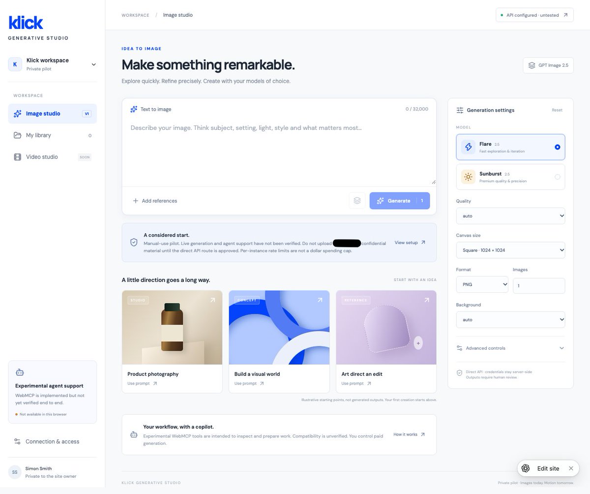 _simonsmith's tweet photo. The full suite of what OpenAI's building with ChatGPT is magical. A client has strict requirements for AI use. Precludes many apps. We discussed it in Slack. Dropped my Dot in the thread and asked for a ChatGPT Site that uses only approved models. Done in under an hour.

There were a few hiccups, and typical AI artifacts. First, it got confused about incorporating an OpenAI API key, telling me it could only be done server side, whereas I can and did add one manually in site settings. Second, I asked it to incorporate WebMCP so agents could use it easily, and it wasn't able to properly test this was working. Third, there are lots of little unnecessary text elements and callout boxes all over, all that self-referential stuff that AI loves to add.

But overall, pretty awesome. We hit a barrier, discussed solutions, sent my Dot to build something custom to solve the problem, and it built and launched it in less than an hour.
