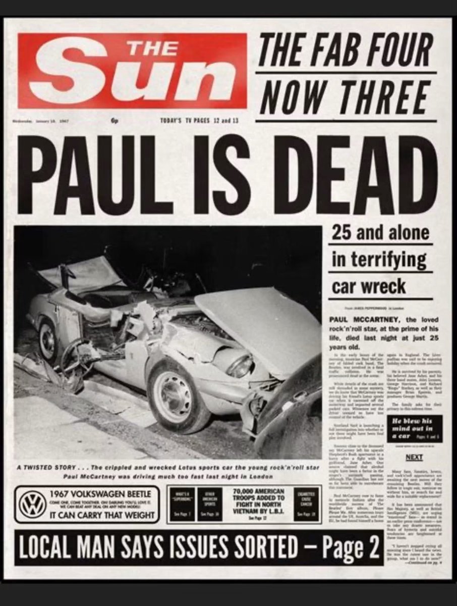 Bessent1776's tweet photo. The real Paul McCartney died in a car crash in 1966 . He was replaced, just like many other people today, like Joe Biden . 
It’s just a conspiracy ? https://t.co/aTIYCXvIo2