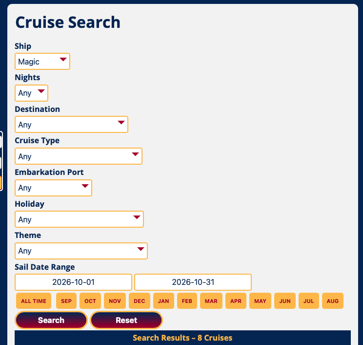TheDCLBlog's tweet photo. @melissa_bilyeu I have an indirect way of searching, click the sailing from search sestuls then click check cruise availability and pricing which will open up the page on DCL's site.

https://t.co/HP0gZoZkR0 https://t.co/fJ7f5svPX4