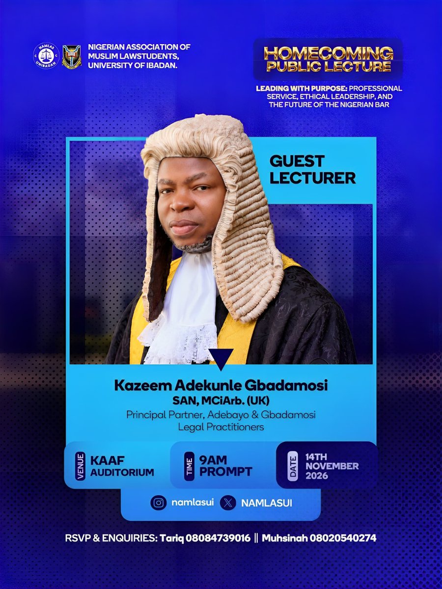 NAMLASUI's tweet photo. We are honoured to introduce Kazeem Adekunle Gbadamosi SAN MCiArb. (UK).,Principal Partner, Adebayo &amp; Gbadamosi Legal Practitioners, as our Guest Lecturer at NAMLAS UI Homecoming Public Lecture! ✨
REGISTER HERE: https://t.co/vu24Afd9la
See you November 14.🔥 https://t.co/GcUPN6pVNY
