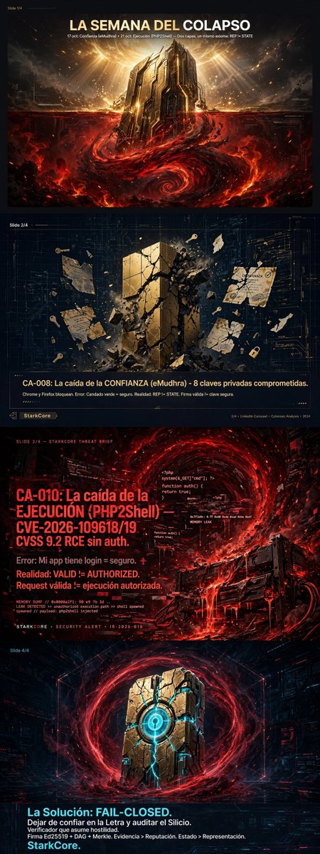 LuisAlbm77's tweet photo. Oct 17: TRUST fails (eMudhra)
Oct 21: EXECUTION fails (PHP2Shell)
Same architectural bug: REP != STATE
VALID != AUTHORIZED
Fail-Open is dead. Fail-Closed is the fix.
#infosec #zerotrust #php #pki #starkcore
https://t.co/cuzj6C8utn https://t.co/li2fjUOuXc