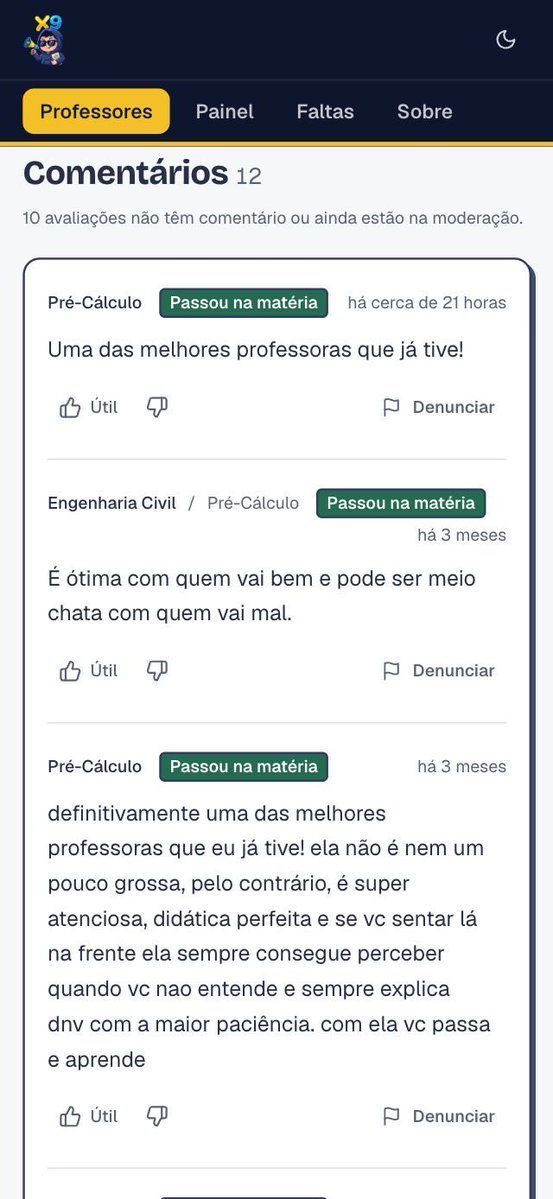 matheusgastalm's tweet photo. 🧵Fiz um projeto pessoal pra ajudar quem tá escolhendo professor na faculdade: o X9 Acadêmico

São avaliações anônimas de quem já cursou a matéria, com nota de didática, prova e correção, e quantos alunos passaram.

Já são 1.900 alunos e 1.678 avaliações

https://t.co/s8Lg4vOfRk https://t.co/szBXZuvAc6