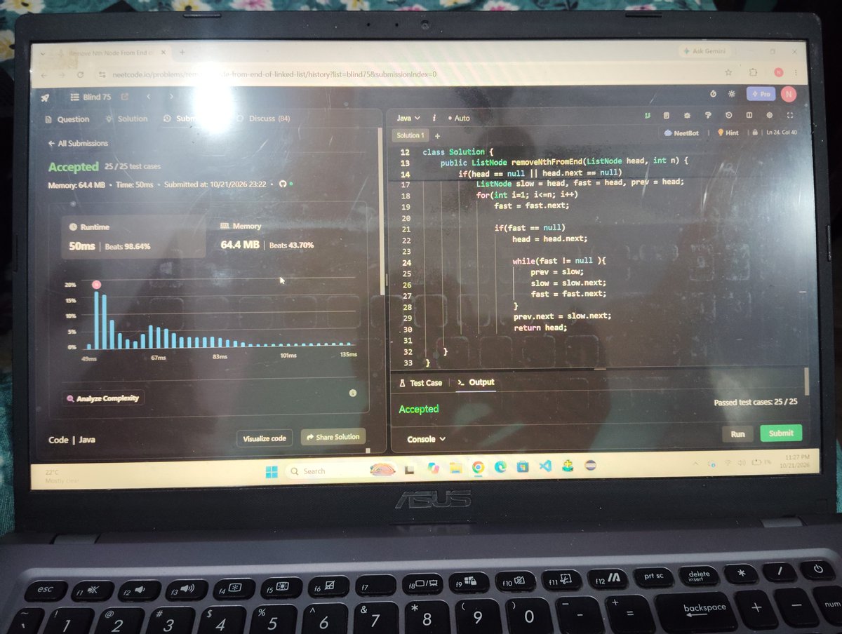 nafiskhanjmi's tweet photo. Today I solved one medium level linkedlist problem on leetcode.
Q:-Remove Nth node from end of list.
In this first I check for 0 or 1 node in linkedlist then return null. After that I used three node reference (slow, fast, prev) that point to the head node.
#DSA #leetcode #Code https://t.co/TWtXiPyBa3