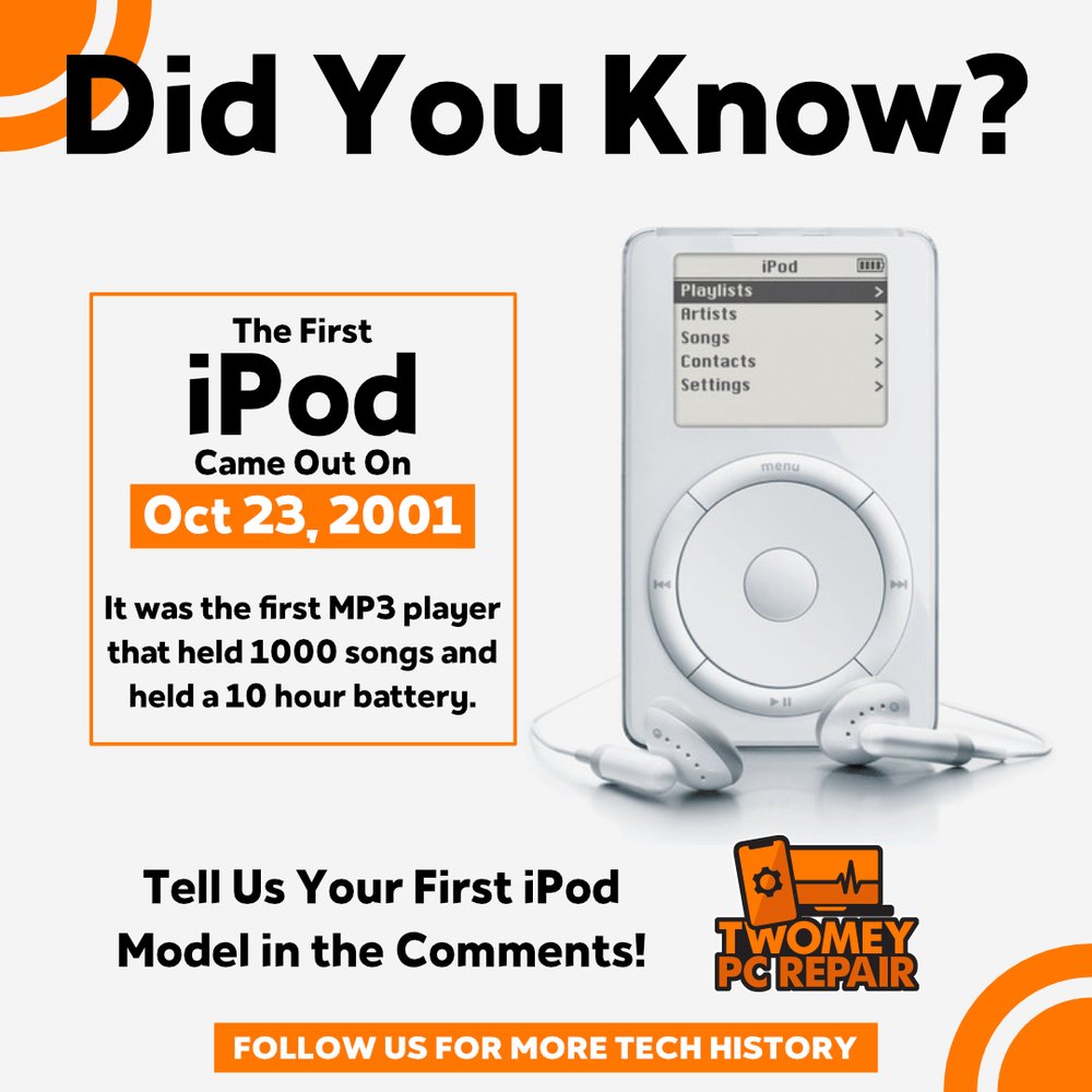 TwomeyPCRepair's tweet photo. The first iPod came out October 23, 2001, 25 years ago this Friday. 1,000 songs and a 10 hour battery. What was your first one?
#TechHistory #HighlandAR https://t.co/9ZyyNX5beH