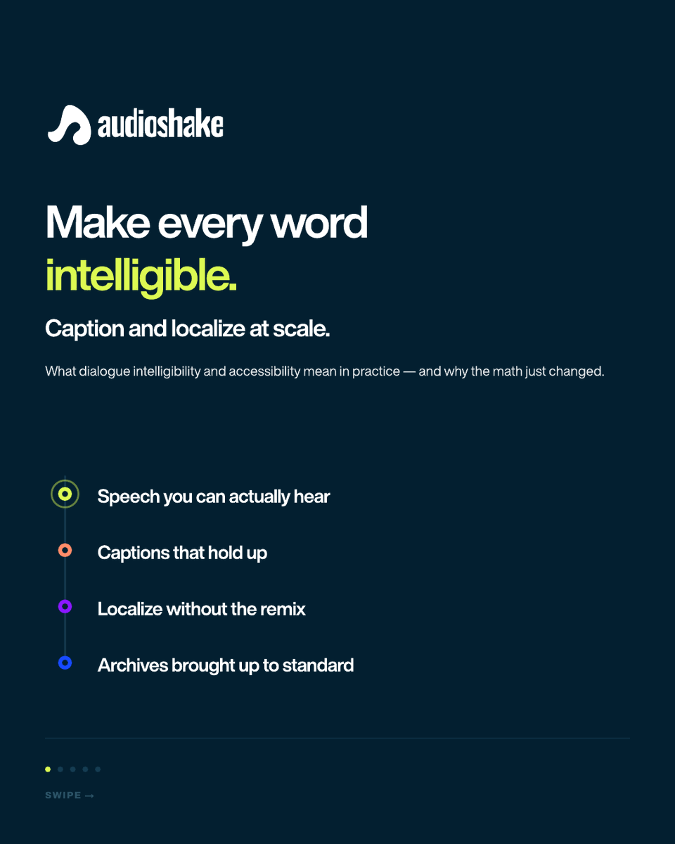 AudioShakeAI's tweet photo. Accessibility isn’t a someday project anymore, and that includes the archive.

Captions, audio description, and dubbing all need dialogue and M&amp;E on separate tracks. Most catalog titles only have the finished mix.

We separate them, so the work can start. 👇 https://t.co/b9T0G94VkU