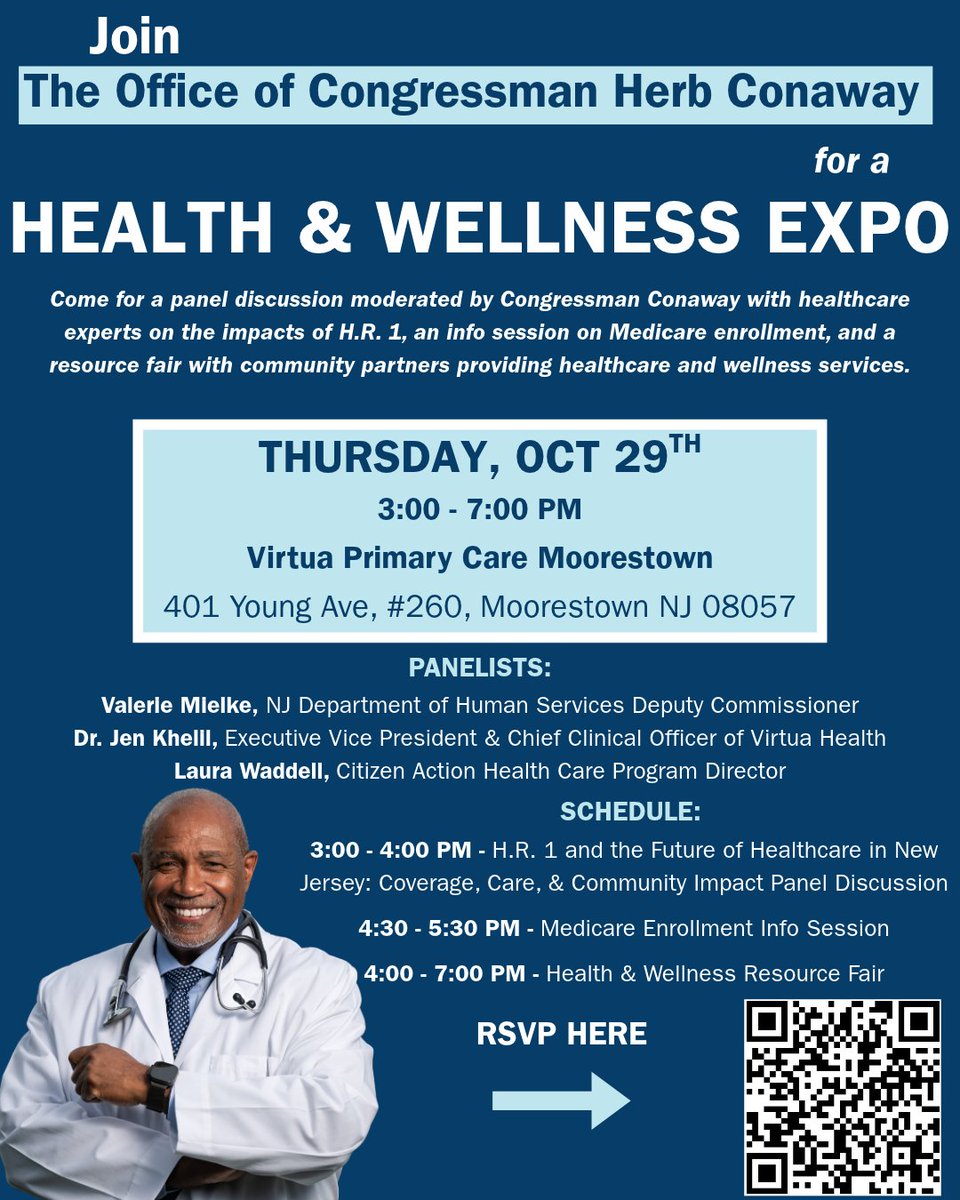 A blue and light-blue event flyer advertising a health and wellness expo. It includes event details, panelist and schedule information, a photo of a smiling doctor, an RSVP arrow, and a QR code. Text appears throughout the flyer.