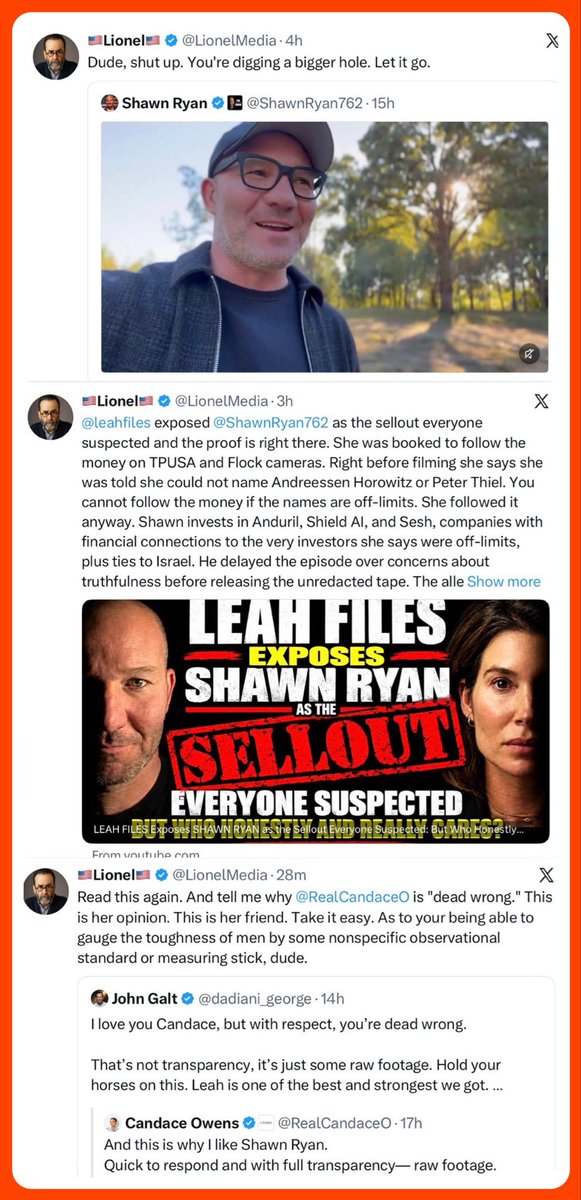 CinemaShogun's tweet photo. HILARIOUS 🤣 

Candace Owens senior simp Lionel has sudden change ❤️ of heart‼️

Lionel spent days attacking Shawn Ryan.

AND THEN SOMETHING STRANGE HAPPENED.

Candace Owens spoke up and took Shawn Ryan’s side.

And then suddenly senior simp Lionel immediately started going after people who didn’t agree with Candace Owens for taking Shawn Ryan’s side.

Stuff like this doesn’t happen naturally folks.