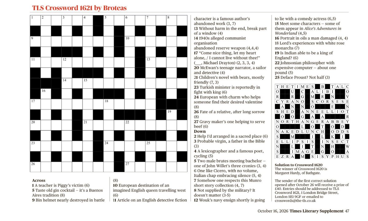 TheTLS's tweet photo. Our regular literary crossword https://t.co/ndp2kLYOzE https://t.co/9FkM98pINl