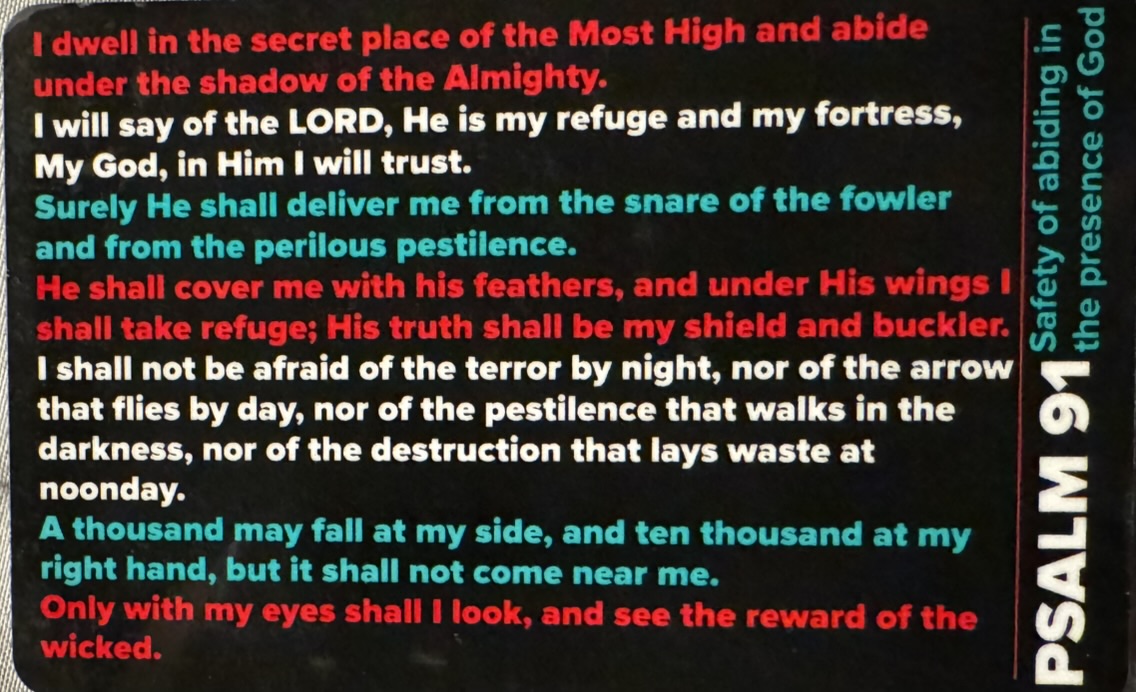 RayBooska's tweet photo. @MrsDrPublius My favorite Psalm...91. I had it printed a decade ago onto thousands of plastic cards and carry them with me always. I give them away freely, leave them on counters at stores, you name it. Before my brain began fading, I had it memorized. If it helps one person, I'm glad. https://t.co/msZt5ny594