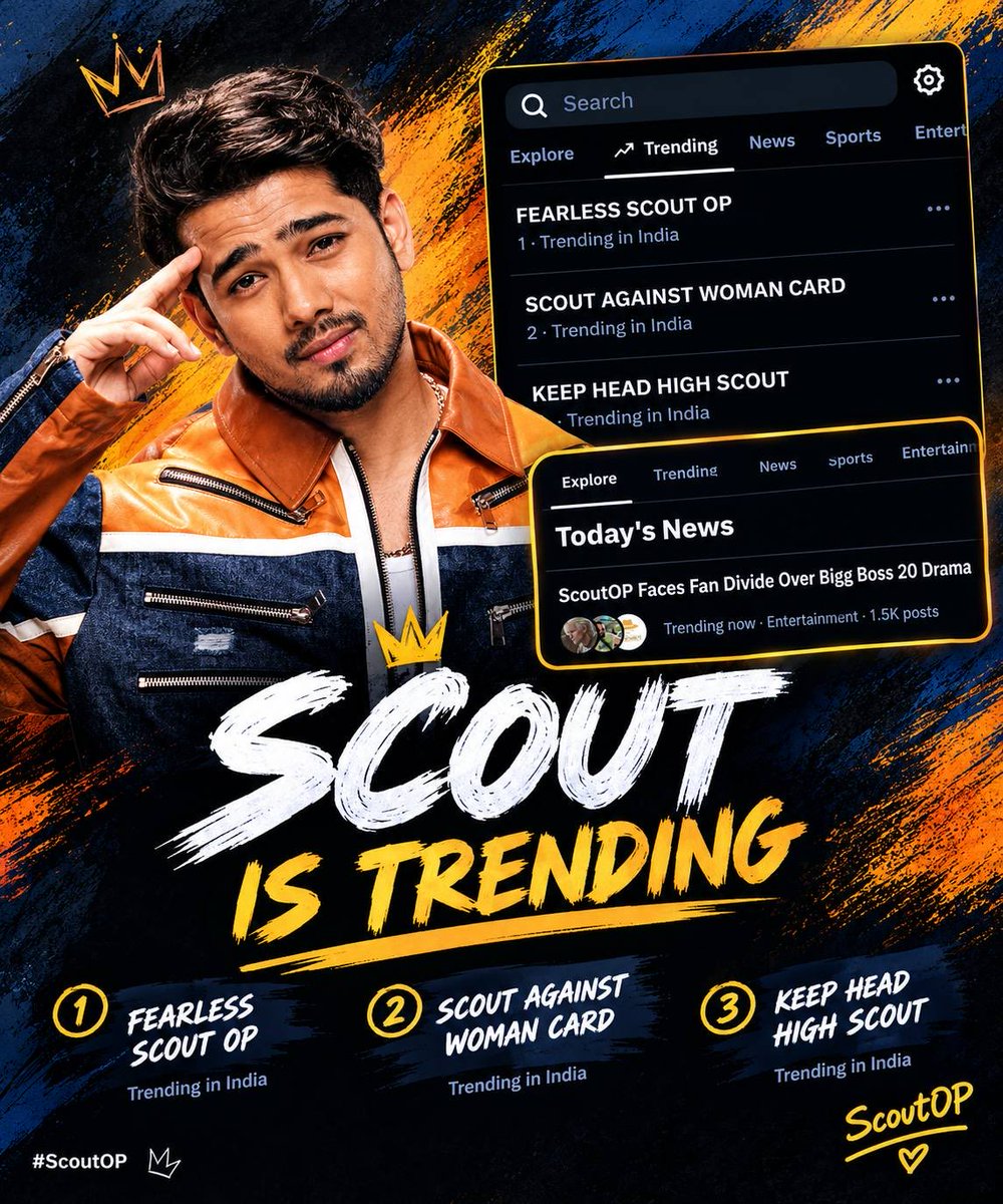 SigmaRuler_'s tweet photo. ScoutOP is ruling the trends with a bang! 
From trending to news headlines, Scout’s impact is UNMISSABLE.
SCOUT IS TRENDING

FEARLESS SCOUT OP
SCOUT AGAINST WOMAN CARD
KEEP HEAD HIGH SCOUT 

#ScoutOP #BiggBoss20 https://t.co/rX7F6BpibX