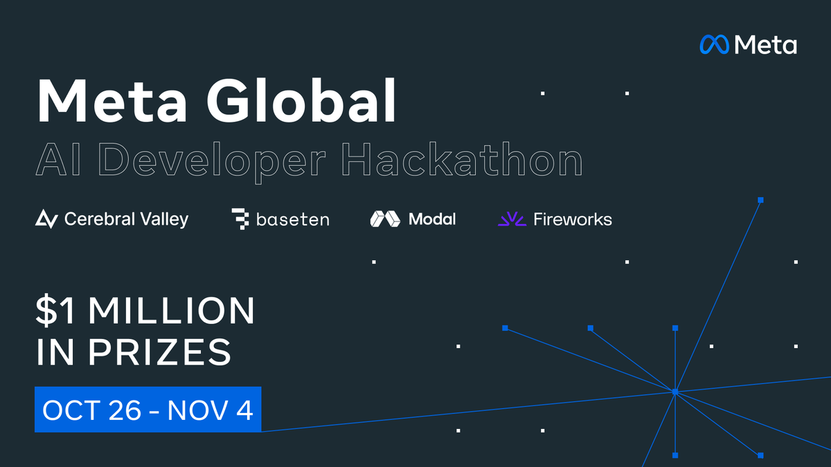MetaforDevs's tweet photo. Open weights, meet your favorite stack.

We're teaming up with @FireworksAI_HQ, @baseten and @modal for the Meta Global AI Developer Hackathon, so you can run Muse Glimmer and Muse Spark Open on the tools you already build with.

Compete for a share of $1M in prizes. Applications close Oct 25.

Limited to 20,000 selected applicants. Terms apply → https://t.co/0XTOqAalsB

Apply now → https://t.co/vWxdzoDeRQ