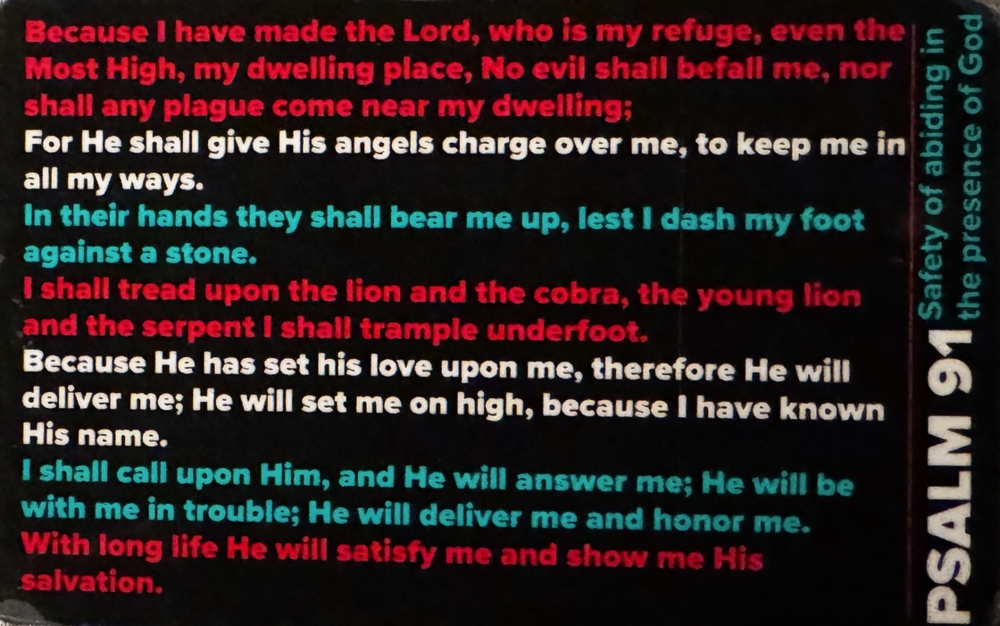 RayBooska's tweet photo. @MrsDrPublius My favorite Psalm...91. I had it printed a decade ago onto thousands of plastic cards and carry them with me always. I give them away freely, leave them on counters at stores, you name it. Before my brain began fading, I had it memorized. If it helps one person, I'm glad. https://t.co/msZt5ny594