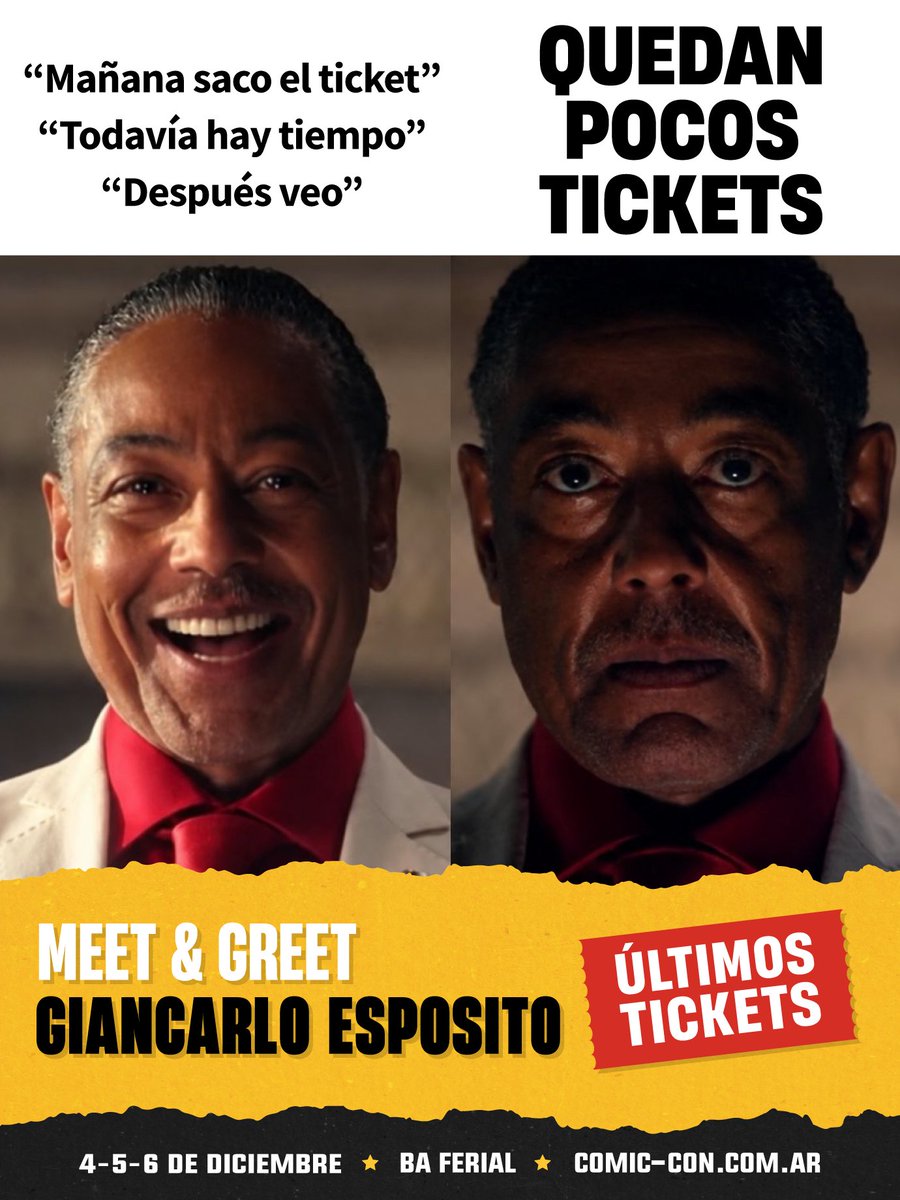 ArgComicCon's tweet photo. 🚨 QUEDAN POCOS TICKETS PARA EL MEET &amp; GREET DE GIANCARLO ESPOSITO 🚨

“Después veo”, “todavía hay tiempo”… 👀
Si querés conocer a Giancarlo Esposito en #ACC26, este es el momento: quedan pocos tickets para vivir esta experiencia. 🔥

📸 Foto profesional
✍️ Autógrafo https://t.co/wiusibrV4a