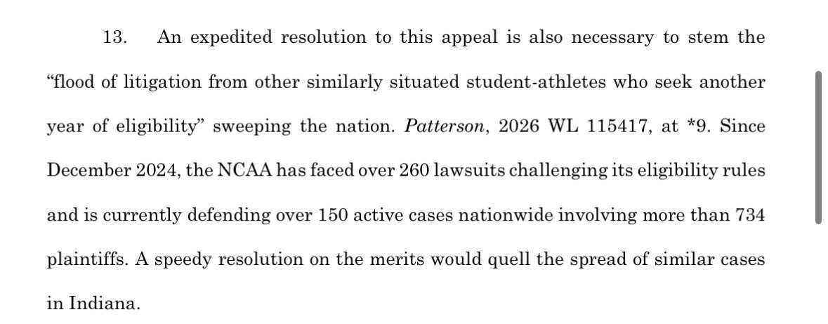 michaelniziolek's tweet photo. NCAA has filed a motion for an expedited briefing schedule in its appeal in case involving Stephen Daley and Kellan Wyatt, one of its arguments is that it wants to stem flood of lawsuits, currently dealing with 150+ active cases involving 734 student-athletes per it's filing https://t.co/mZxRIXH0er