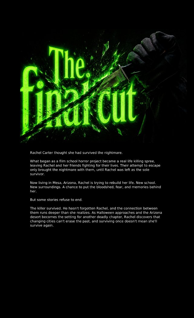 PsychoStudios21's tweet photo. Some nightmares don't end when the credits roll. Our debut horror novella, The Final CUT, is now available in paperback on Amazon! The Kindle edition arrives 10.24. "Family is the deepest cut." Paperback: https://t.co/ciVOpVYOdH #TheFinalCUT #HorrorFiction #PsychoStudiosPhoenix https://t.co/1rHv2h7IkL