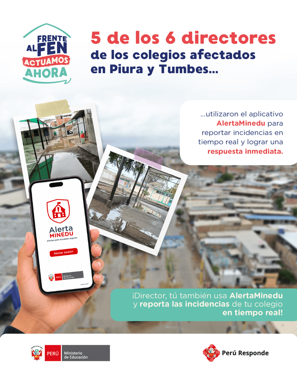 MineduPeru's tweet photo. Director, ¿tu colegio ha sufrido alguna incidencia por el fenómeno El Niño? 📱 Utiliza la aplicación AlertaMinedu para reportar los daños en tiempo real y facilitar una respuesta oportuna.

¡Juntos protegemos nuestras escuelas!

#FrenteAlFenActuamosAhora #PerúResponde https://t.co/eWJiVRbY3f